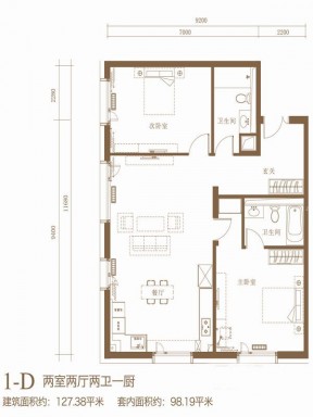 98平两室两厅两卫户型图