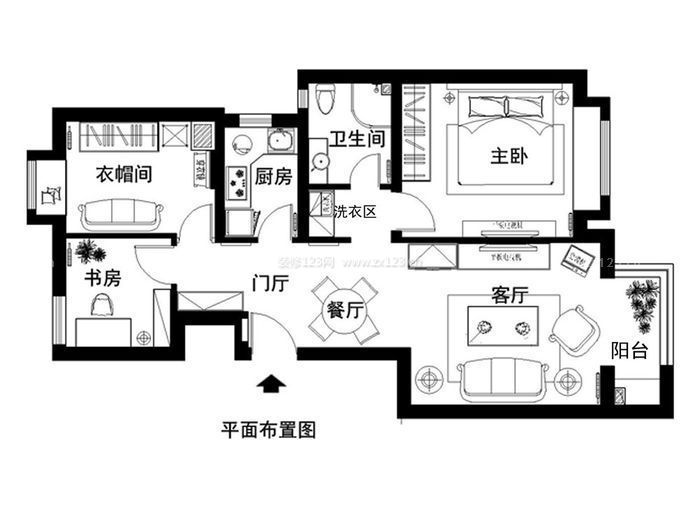 丰城地中海风格120平米设计方案 三室一厅一卫户型图