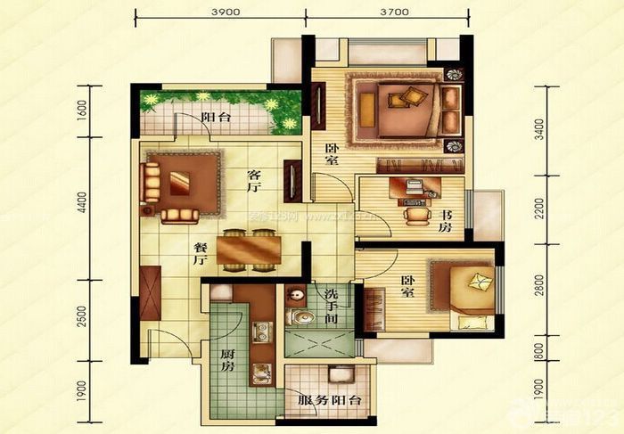 北京美式风格120平米设计方案 三室一厅一卫户型图