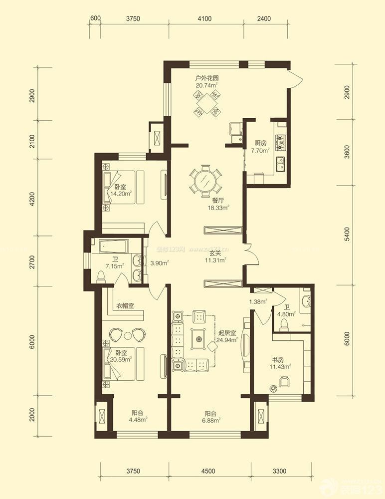 三室两厅两卫户型图 110平米房子 