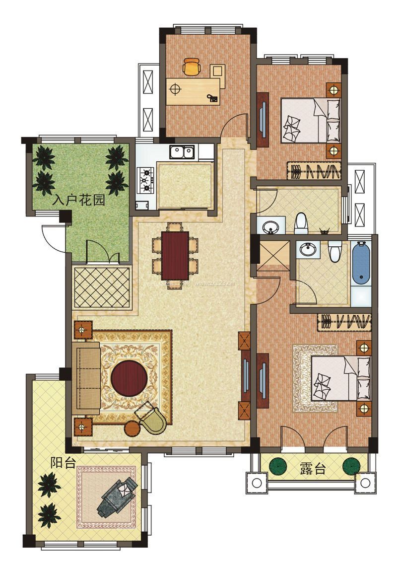 景德镇奢华风格110平米设计方案 三室两厅两卫户型图