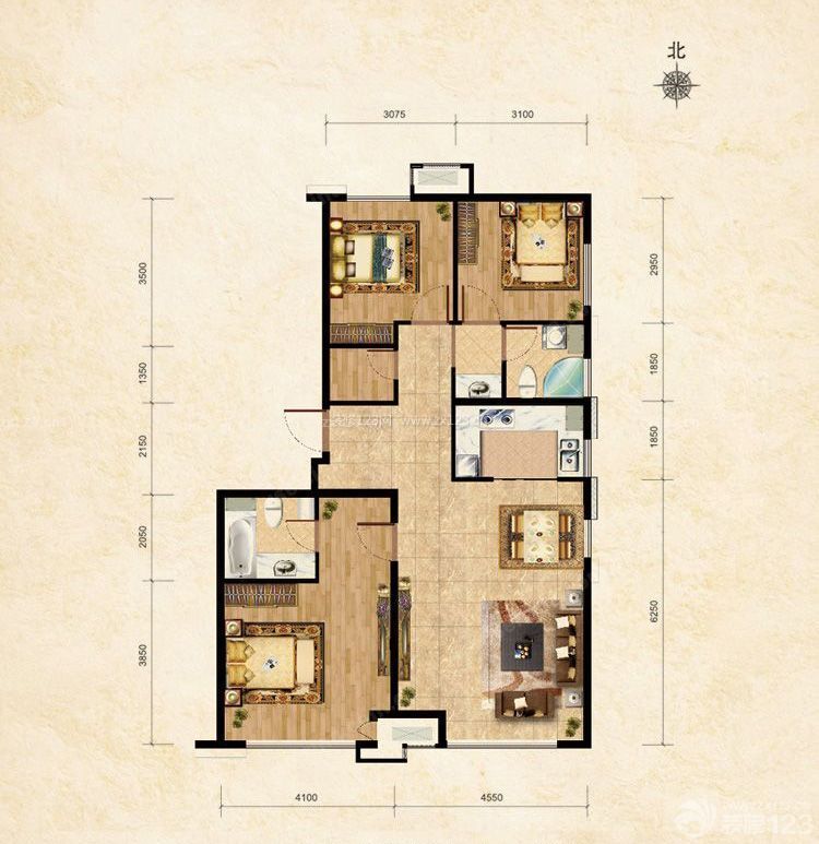 三室两厅两卫户型图 100平米房子 