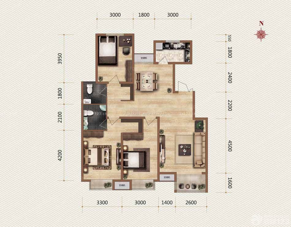 白山新古典风格130平米设计方案 三室两厅两卫户型图 