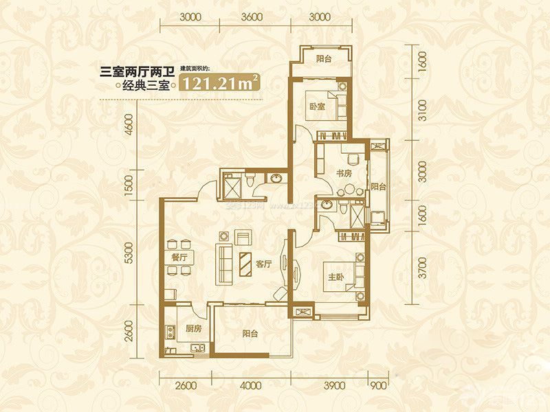 121平三室兩廳戶型圖大全_裝修123效果圖