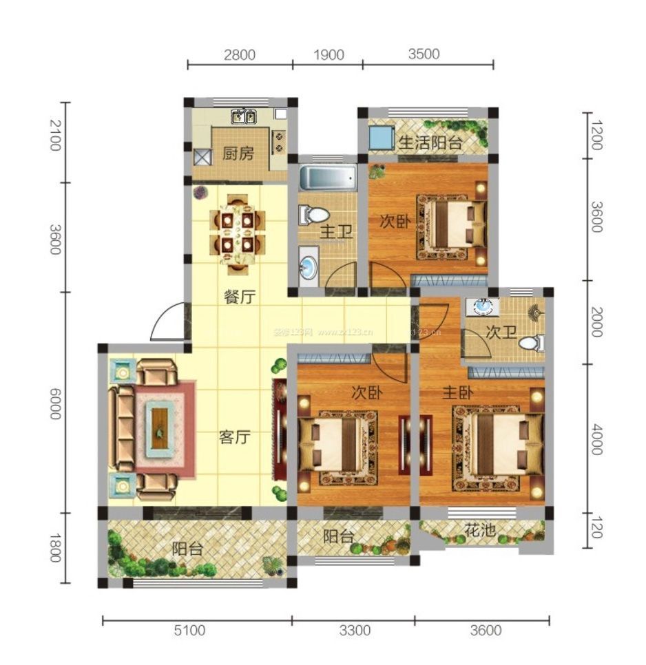 最新三室两厅两卫户型图设计效果图片