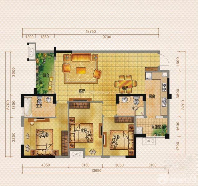 經典130平米三室兩廳兩衛平面圖