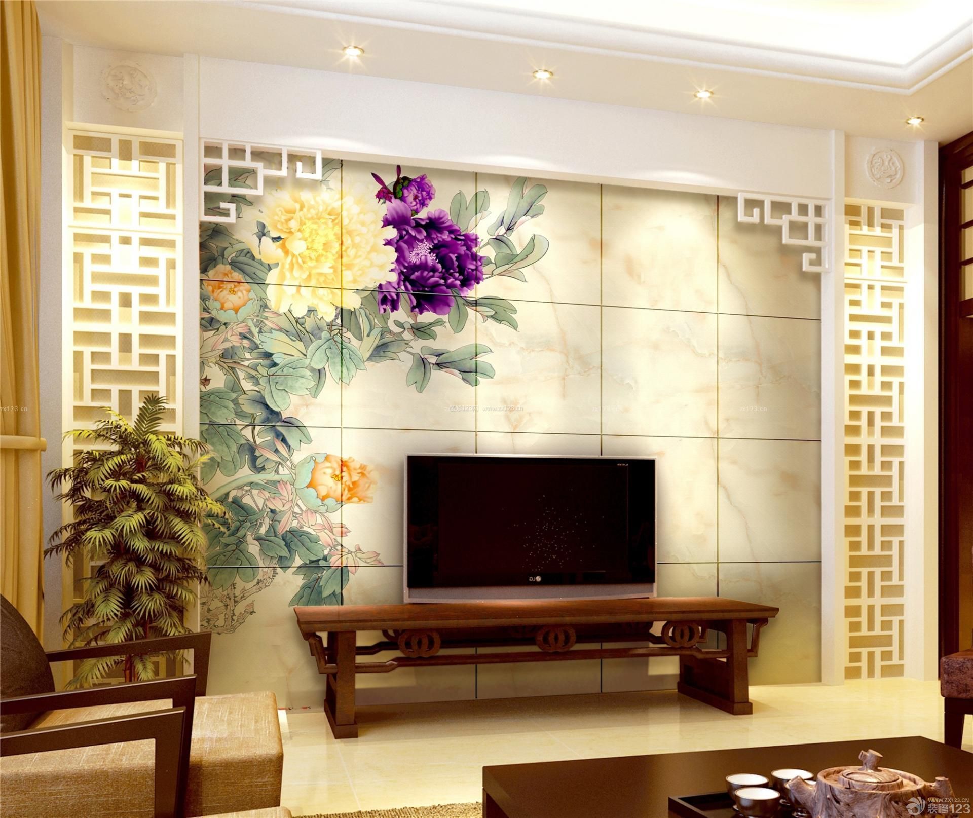 中式家装新房瓷砖背景墙设计效果图