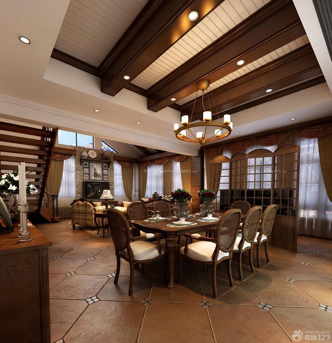 东南亚风格饭厅木质吊顶设计图