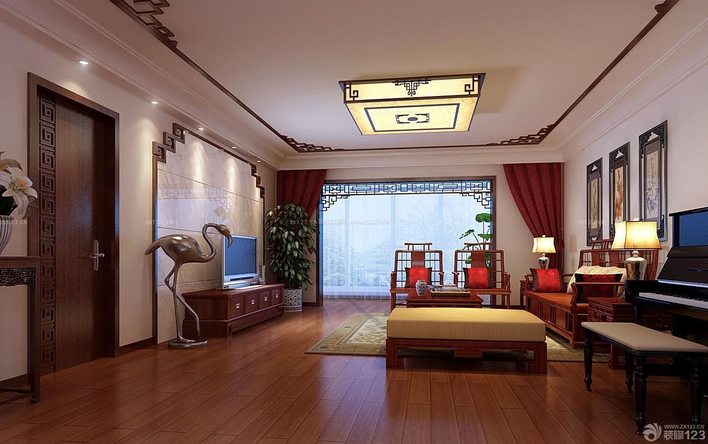 中式新古典风格浅棕色木地板设计图片
