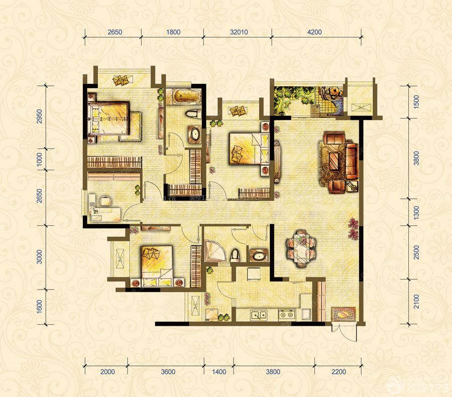 咸宁欧式风格145平米设计方案 四室两厅双卫户型图