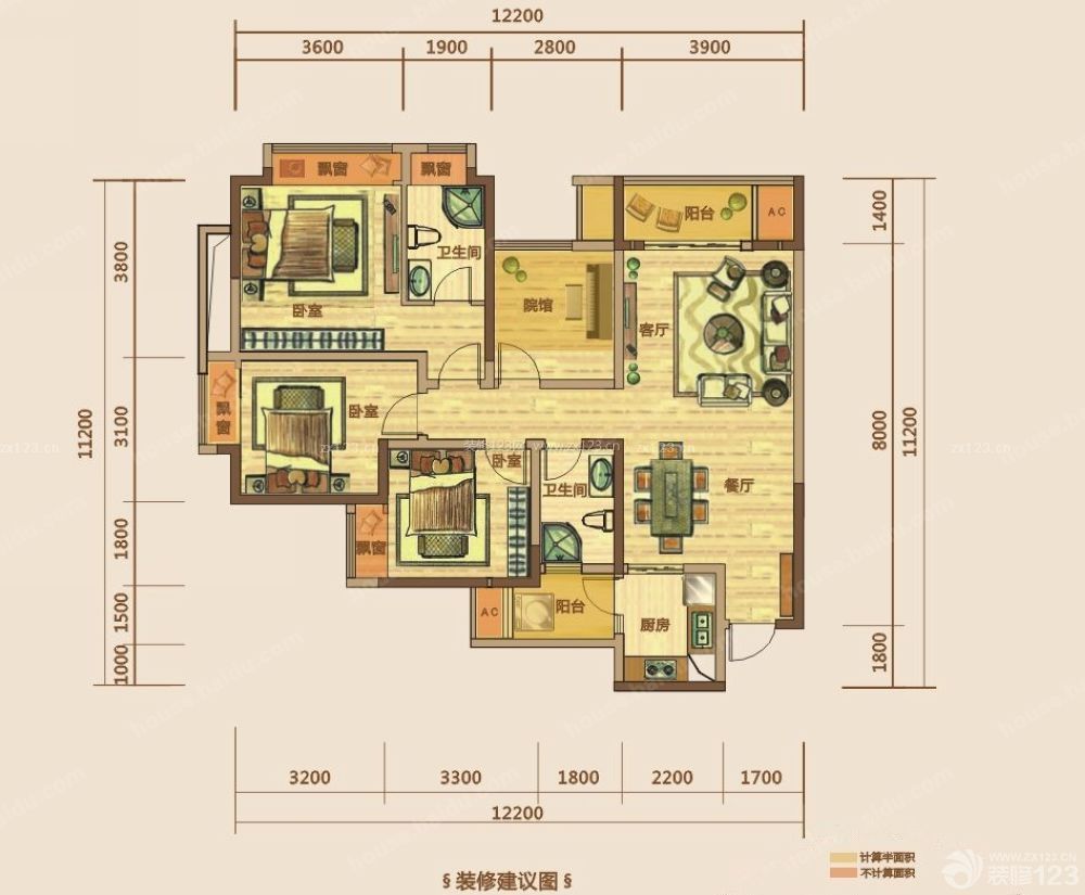 忻州美式風格150平米設計方案 四室兩廳雙衛戶型圖_裝信通網