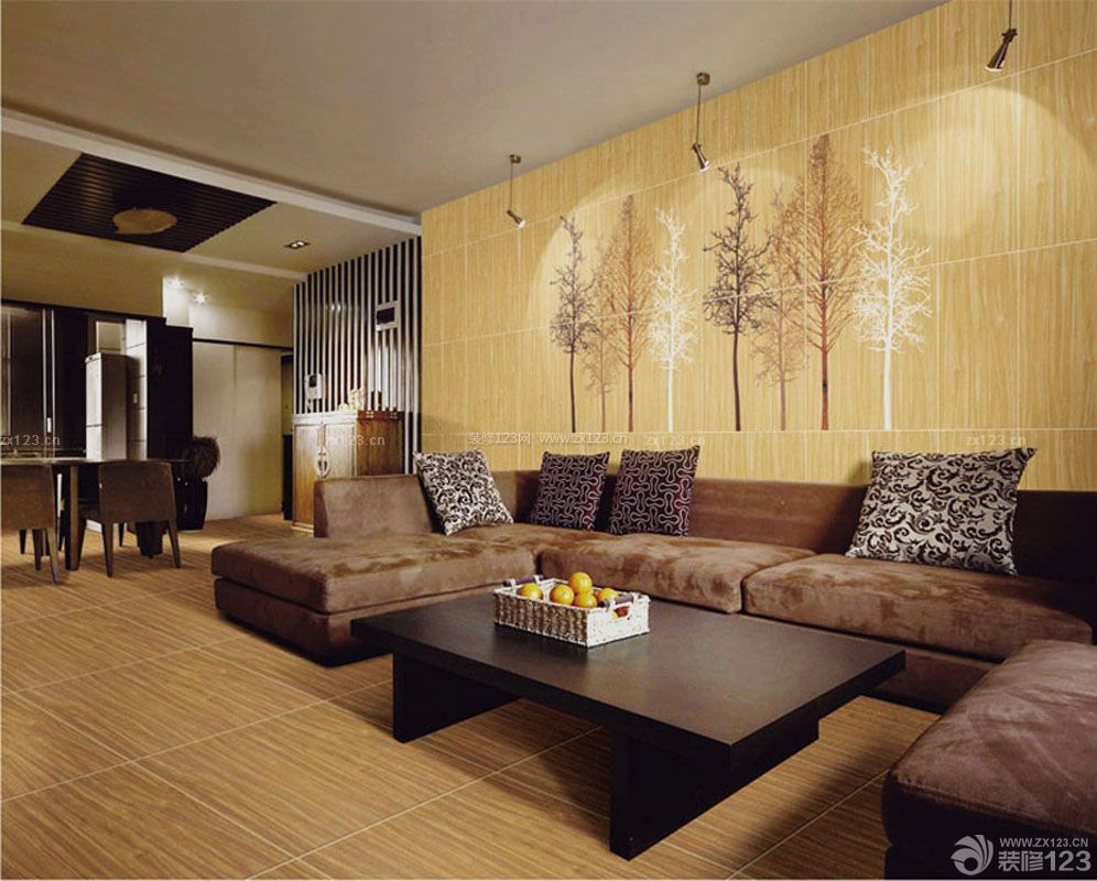 现代客厅木纹仿古瓷砖装修效果参考