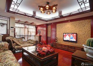 中式风格一室一厅电视背景墙设计图