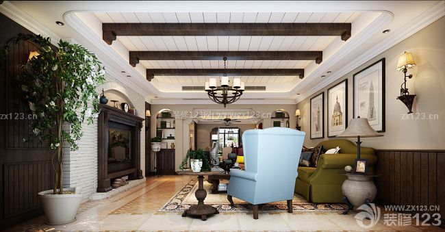美式现代客厅木质吊顶设计图