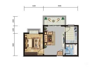 一室一厅一卫户型图客厅带阳设计