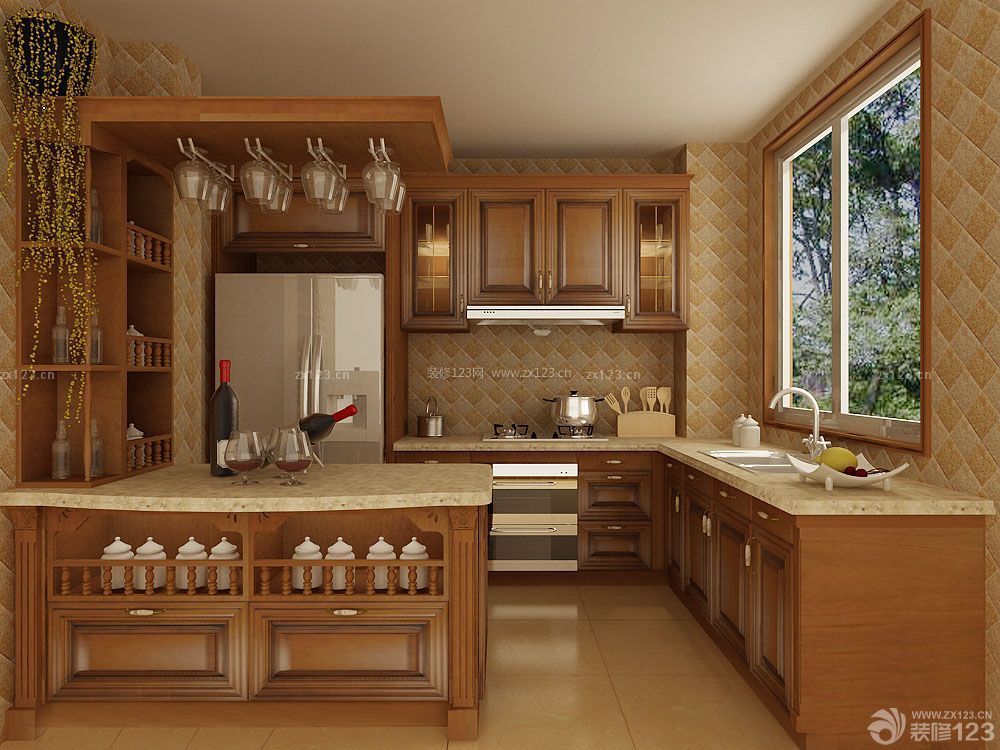 家庭厨房棕黄色橱柜装修案例图