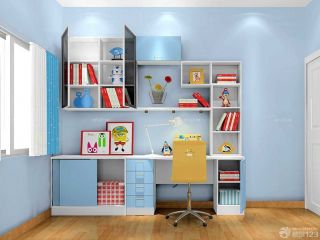 蓝色系儿童书桌书柜组合柜装修欣赏