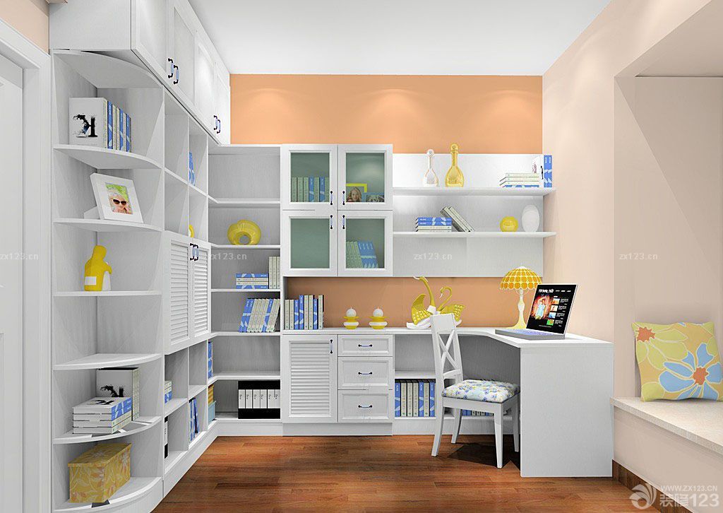 书房拐角书柜布置效果图