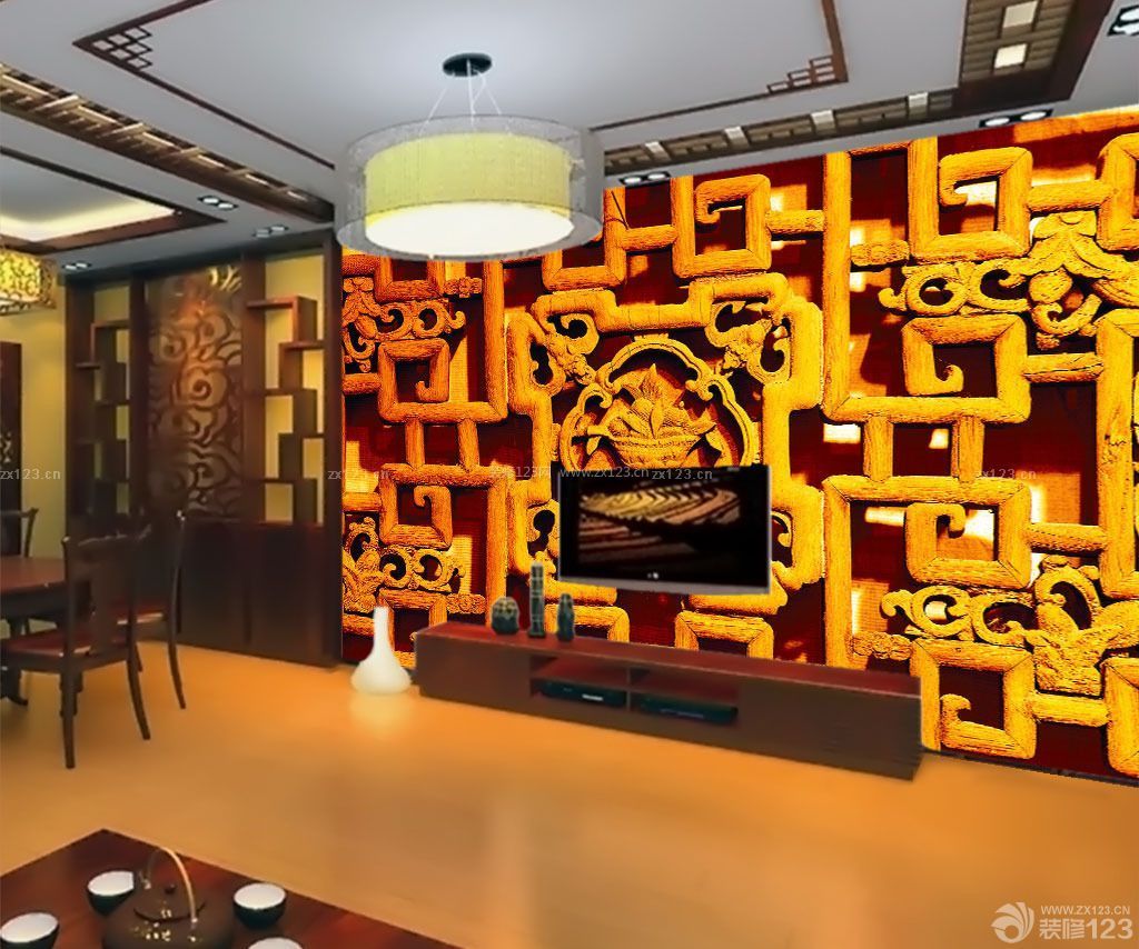 新中式客厅雕花板背景墙设计图片