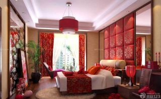 新中式风格卧室红色窗帘装修美图欣赏