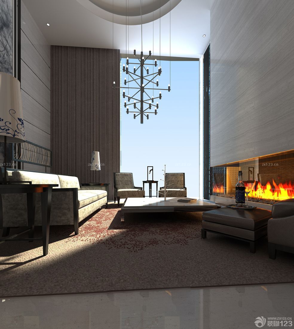 新中式风格客厅落地玻璃窗装修实景图