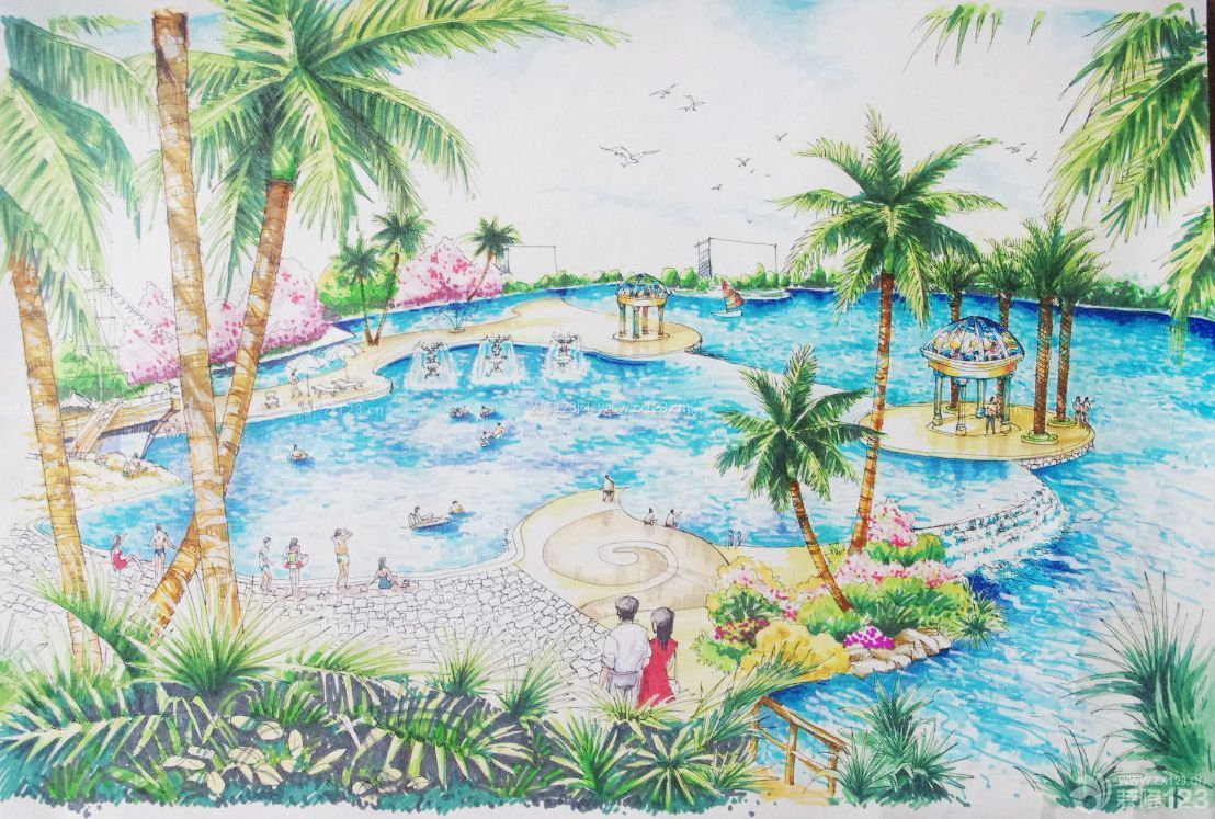 游泳池景观手绘效果图图片