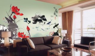 中式山水画墙体彩绘效果图