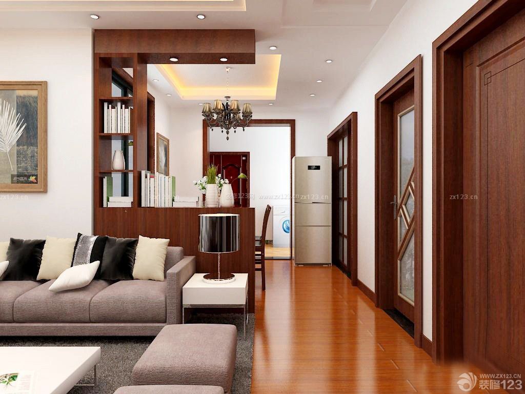 2021中式风格家庭室内客厅红木色门装修效果图