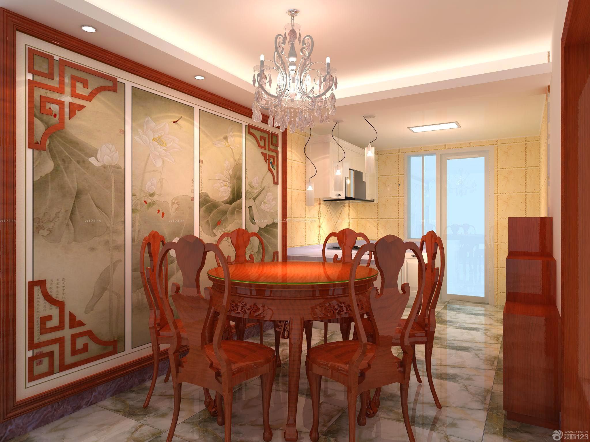 最新中式家庭室内餐厅红木色门效果图