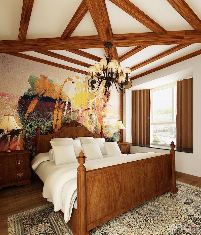 美式风格小户型卧室墙面手绘装修效果图