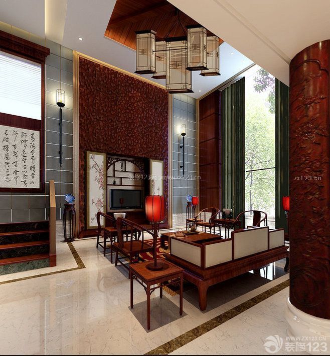 新中式家具电视墙造型设计装修效果图