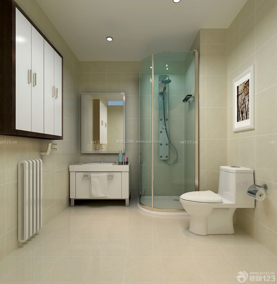 现代欧式卫生间洗浴玻璃隔断纯色瓷砖效果图