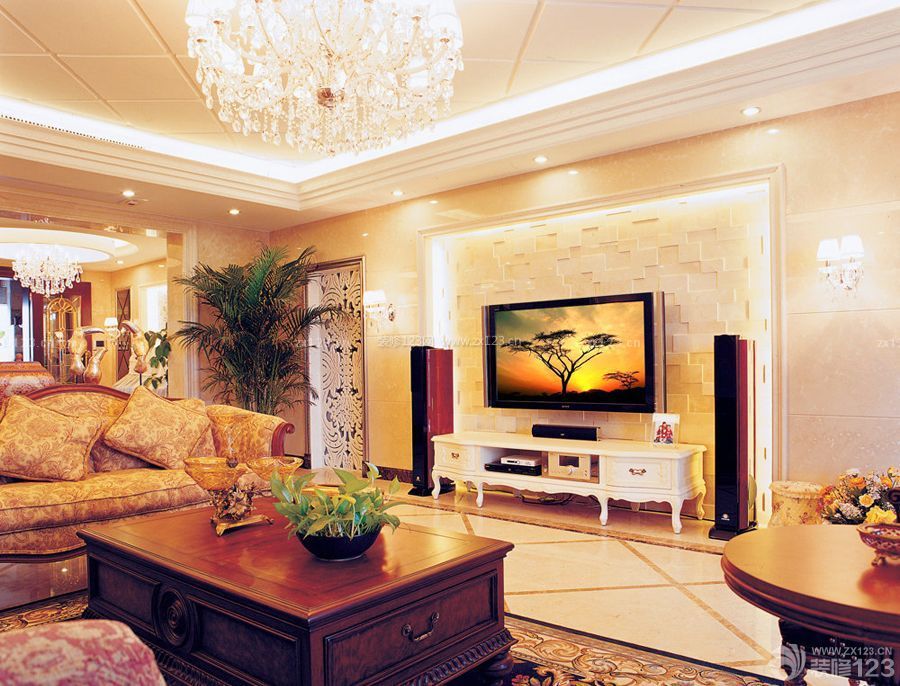 2023美式风格沙发家具客厅电视墙案例效果图