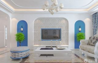最新现代欧式蓝调客厅门洞简欧背景墙效果图
