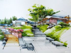 美式别墅绿化景观手绘效果图