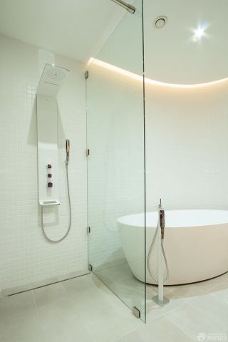 卫生间玻璃隔断墙白色浴缸装修效果图