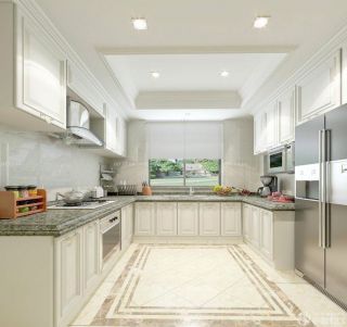 欧式简单厨房橱柜地面瓷砖设计效果图