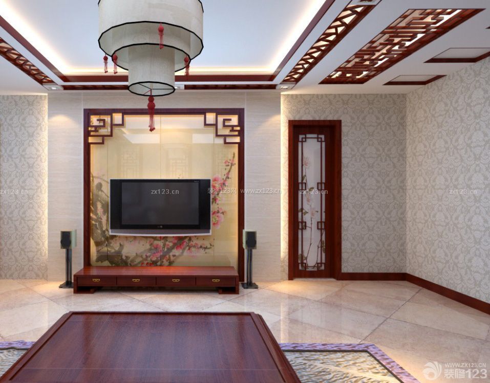 中式古典风格家装客厅红色踢脚线设计图