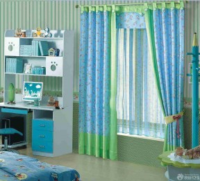 现代风格儿童小房间青色窗帘搭配效果图