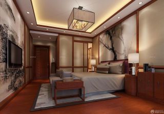 中式吊灯手绘卧室背景墙效果图片