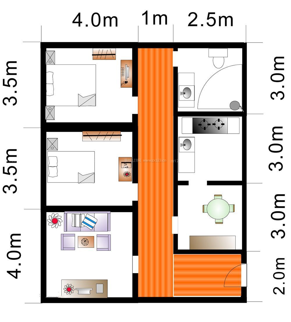 并排传统两室两厅房子户型图