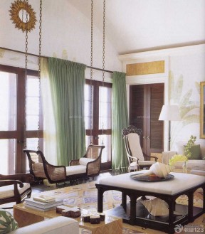 个性韩式田园风格客厅绿色窗帘装修实景图