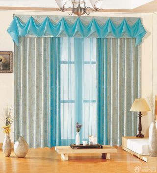 奢华小户型客厅飘窗青色窗帘装修图片大全