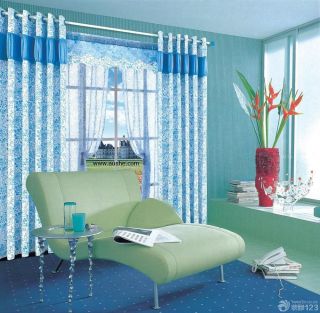地中海风格客厅飘窗青色窗帘设计图