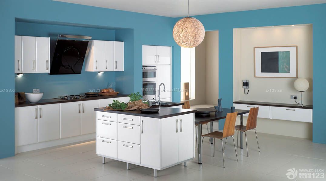 现代美式厨房青色墙面装修图片大全