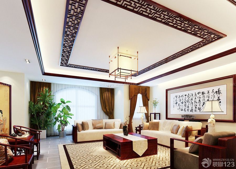 中式大客厅窗帘搭配效果图