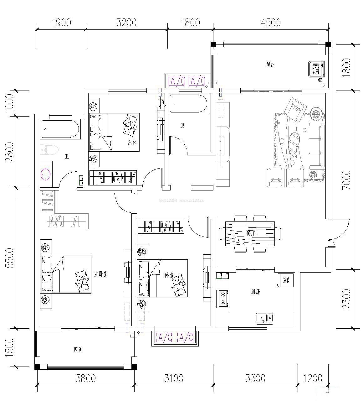 现代家装三室一厅平面图图片素材-编号29784181-图行天下