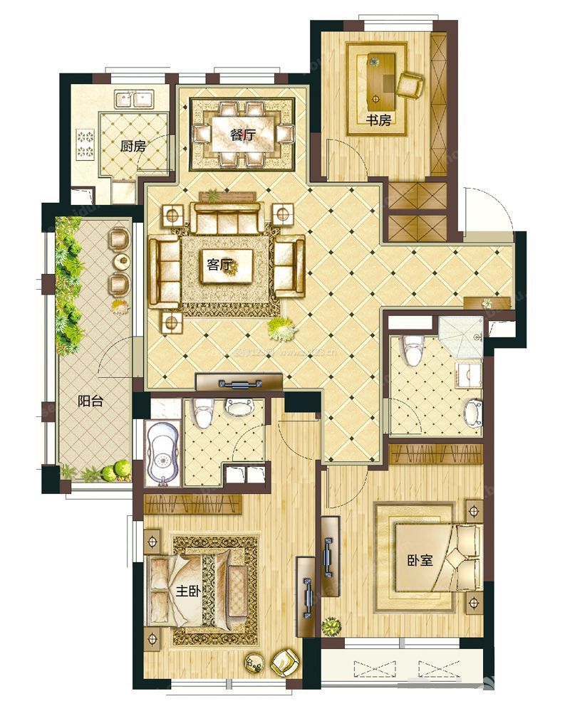 最新120平米小别墅三室两厅二卫户型图