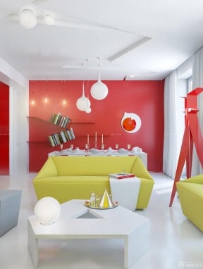 70平米一室一厅装修效果图 红色墙面装修效果图片