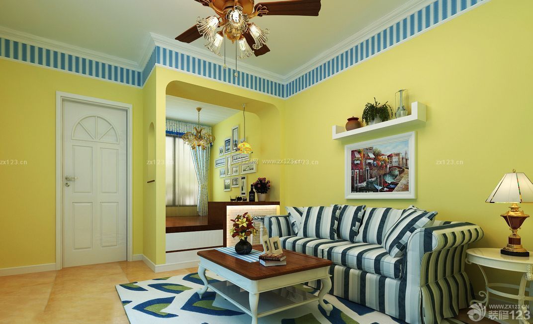美式田园风格3室1厅80平米黄色墙面装修效果图